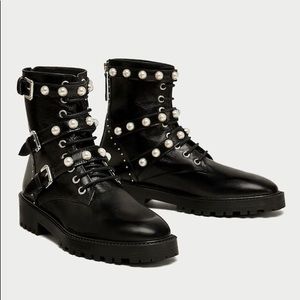 Zara Leather Pearl Embellished Motorcycle Boots